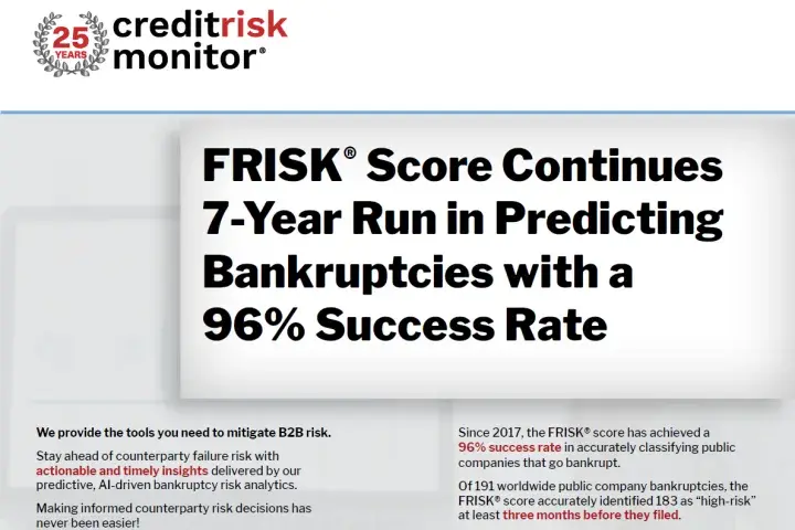 FRISK Score Continues 7-Year Run in Predicting Bankruptcies with a 96% Success Rate